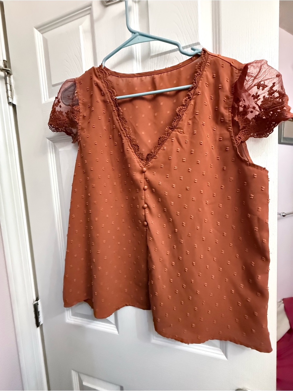 SHEIN Rust Lace Dot V-Neck Button Blouse